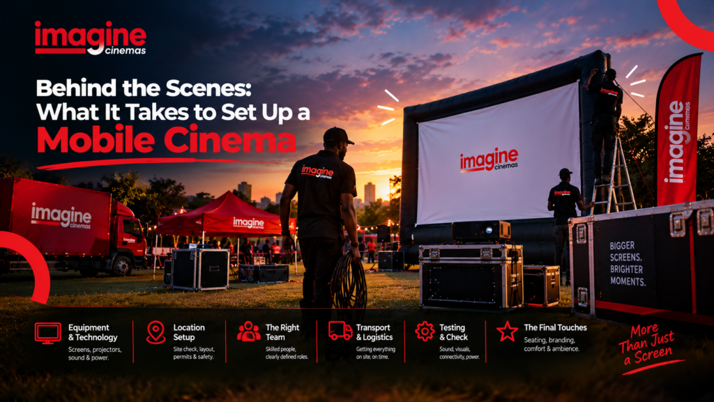 Mobile cinema production team setting up a large outdoor movie screen and sound equipment
