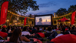 Outdoor mobile cinema event with an audience watching a film on a large screen